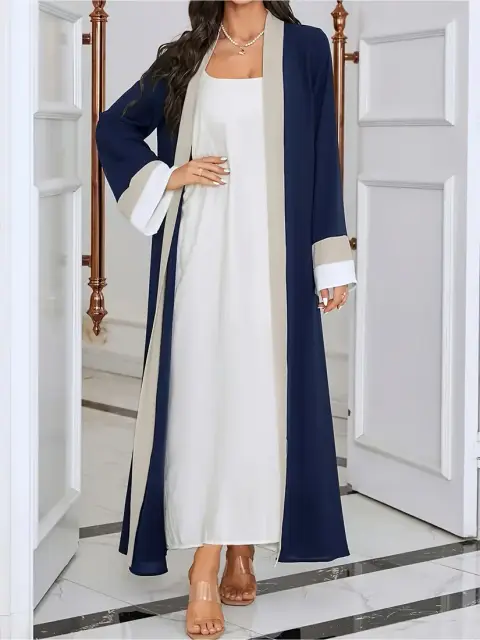 Abaya ya Bluu iliyokolea yenye Kingo za Beige