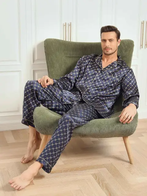 Pajama ya Kiume ya Bluu iliyokolea yenye Michoro ya Minyororo